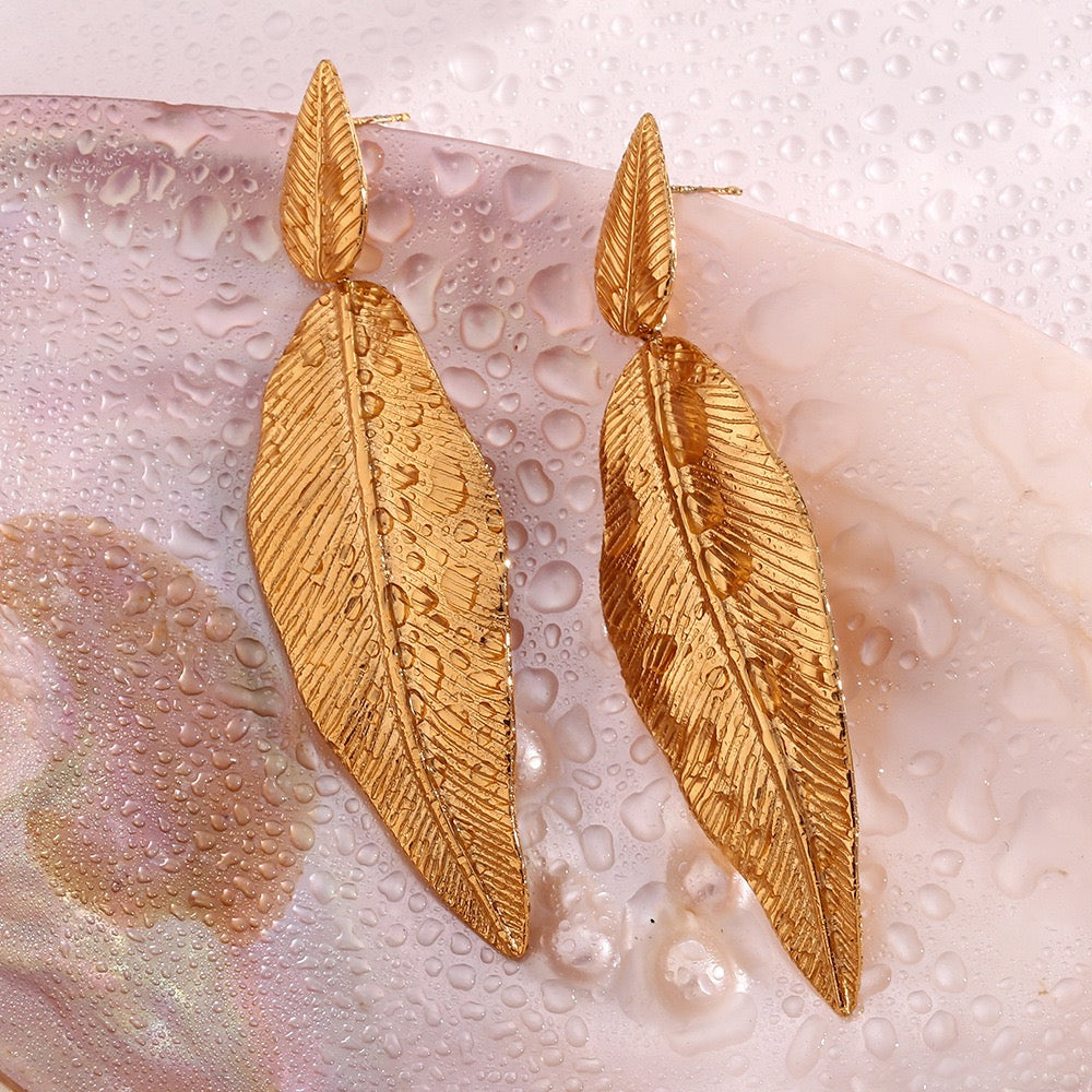 Gold Feather Leaf Earrings