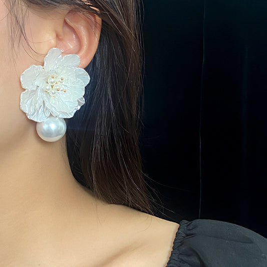 Large white floral pearl earrings
