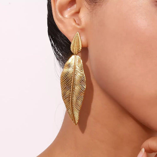 Gold Feather Leaf Earrings