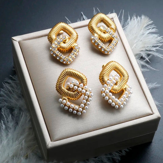 Threaded linked stainless steel rhinestone and pearl earrings