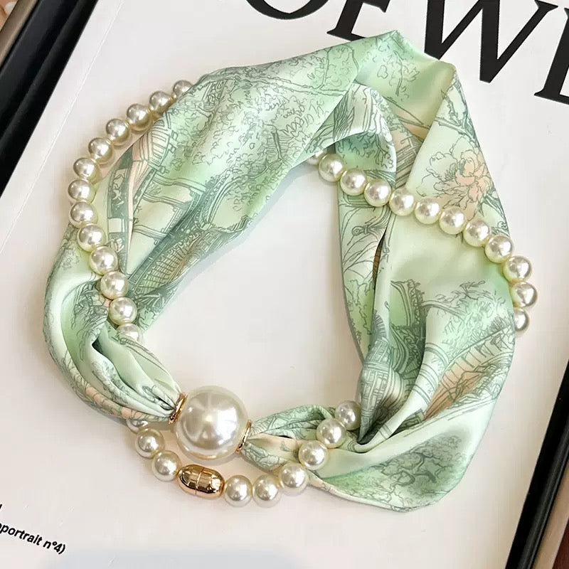 Silk neck scarf with pearls
