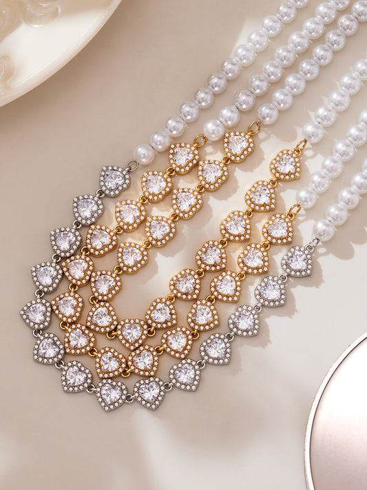 High-Gloss Shell White Pearl Beads and Heart-Shaped Zircon Necklace