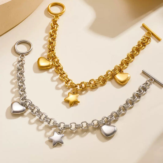 Stainless hearts and star charm bracelet