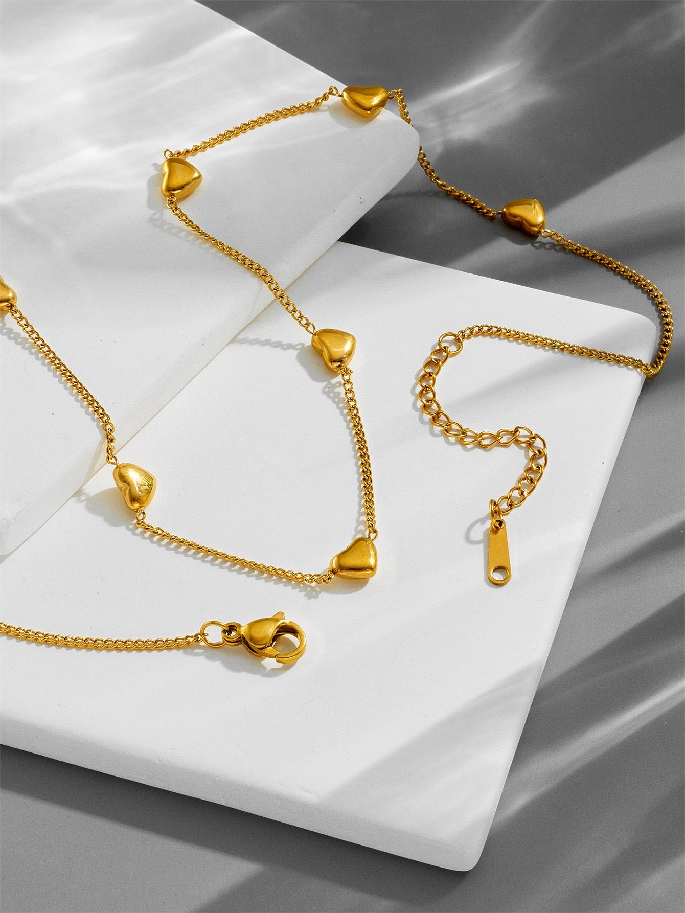 Dainty heart shaped 18k Non Tarnish Necklace, bracelet and earrings