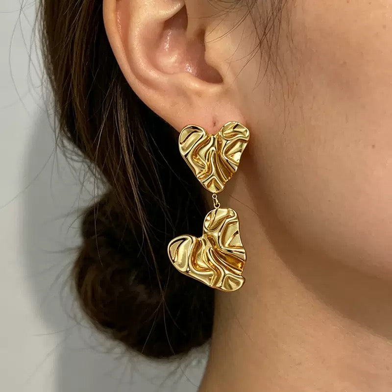 Gold Pleated Love Earrings