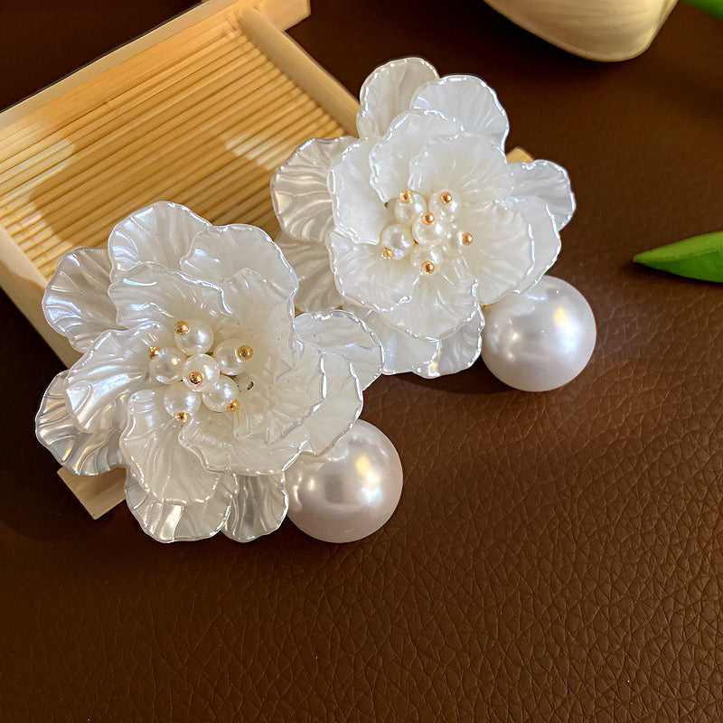 Large white floral pearl earrings