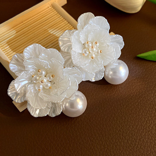 Large white floral pearl earrings