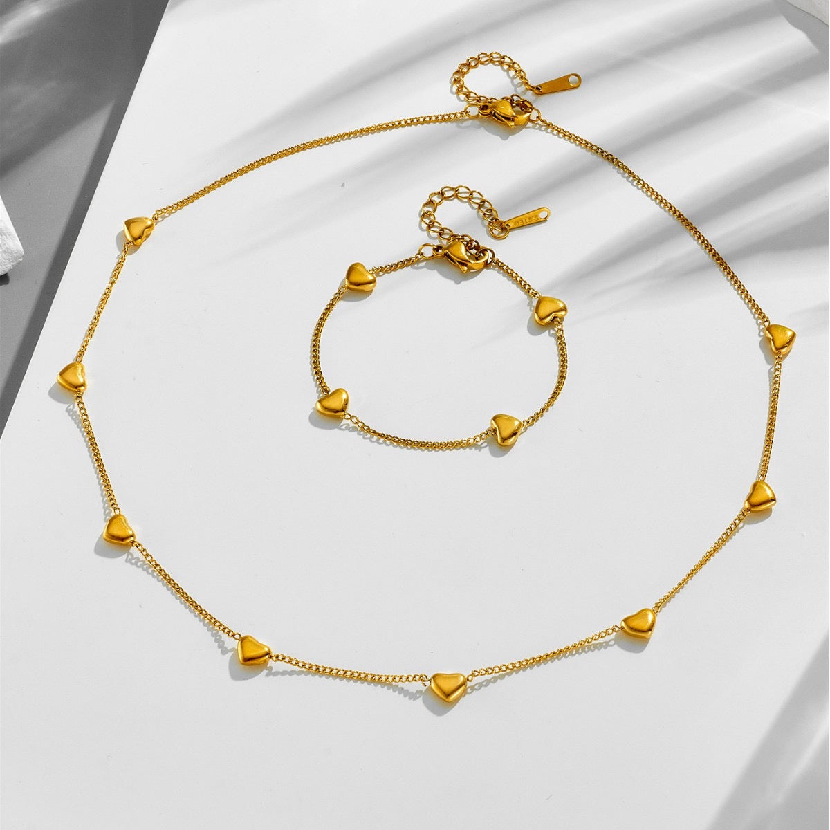 Dainty heart shaped 18k Non Tarnish Necklace, bracelet and earrings