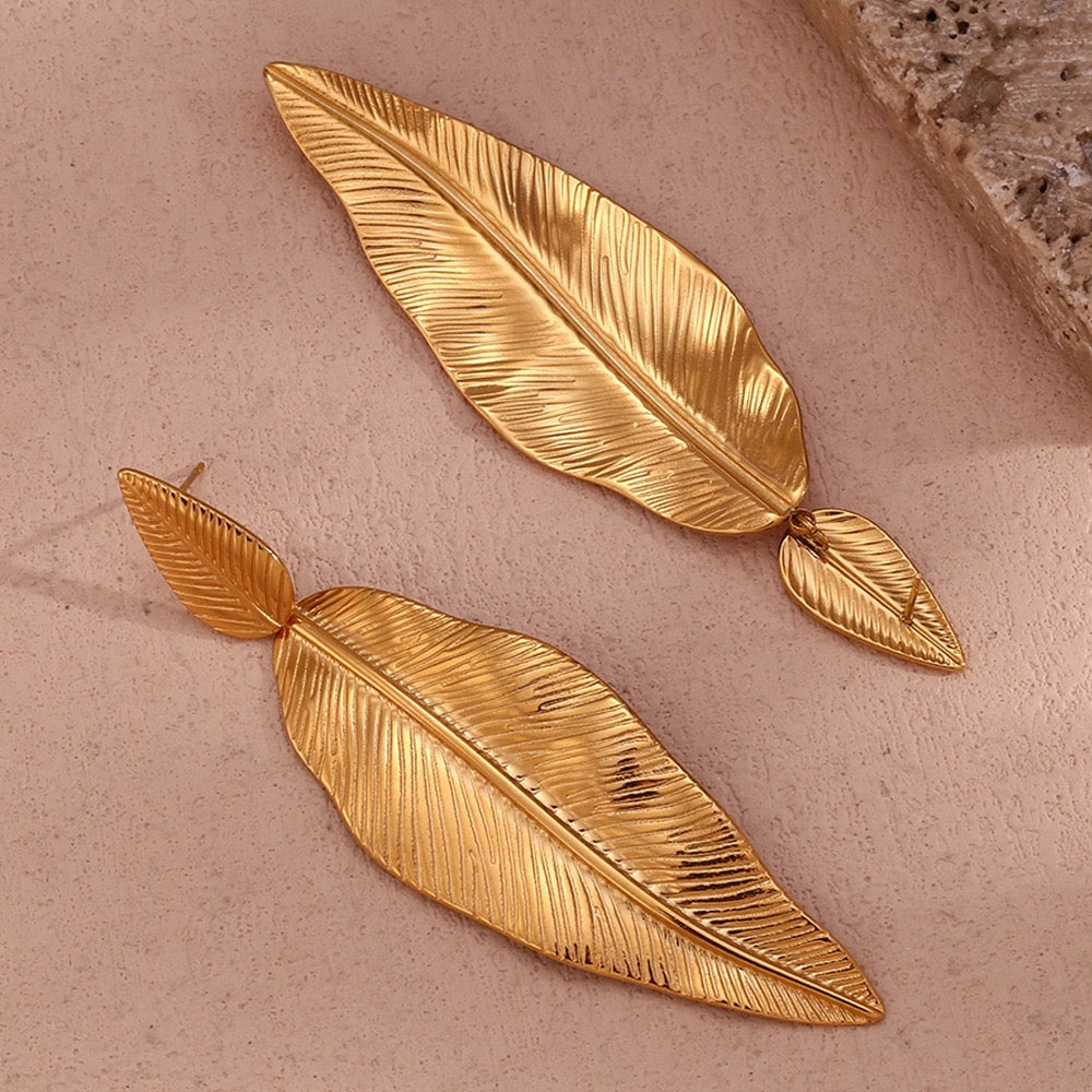 Gold Feather Leaf Earrings