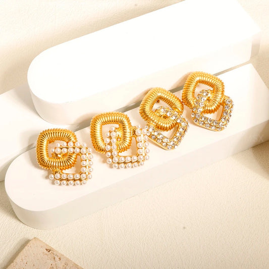 Threaded linked stainless steel rhinestone and pearl earrings