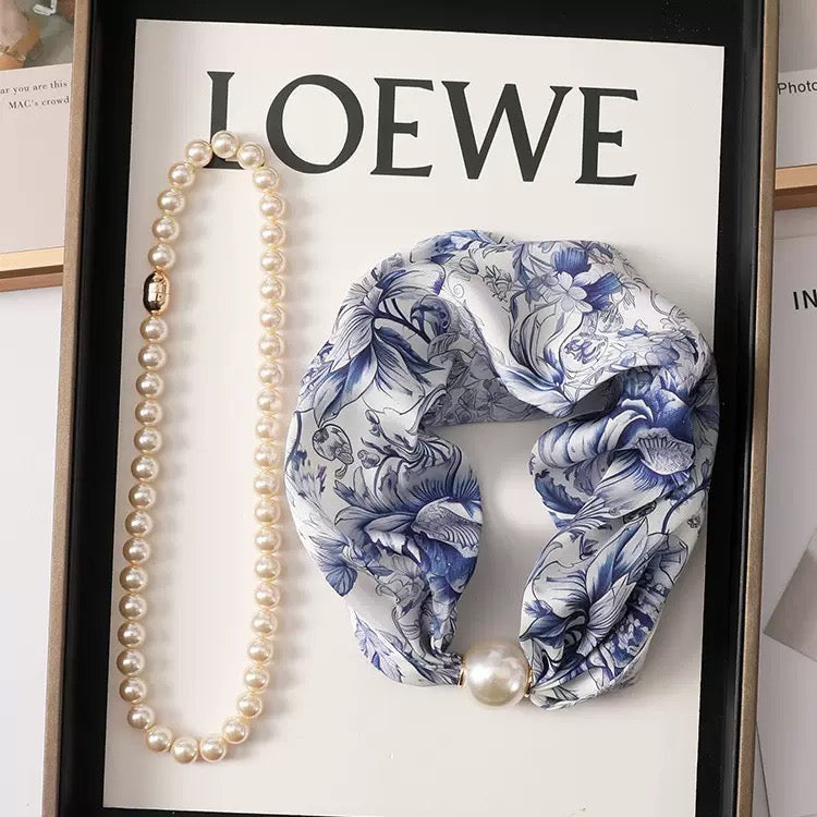 Silk Neck Scarf with Pearls