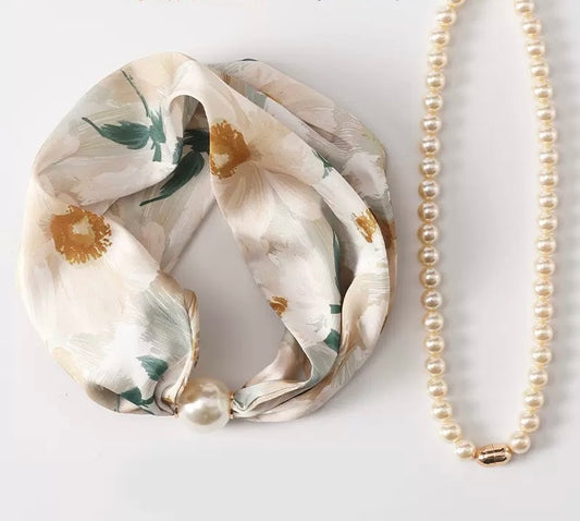 Silk Neck Scarf with Pearls